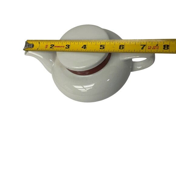 Toscony Vintage White Ceramic Teapot With Red Accent Band 4" x 8.5" - Picture 4 of 6